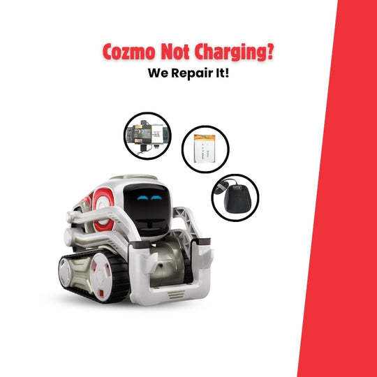 Cozmo robot repair service for charging issues with battery, motherboard, and charger replacements shown