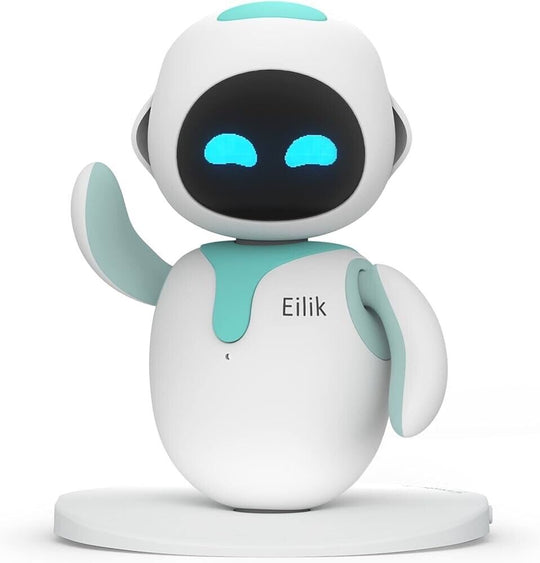 Eilik AI desktop robot in pink on display stand – emotional companion tech toy