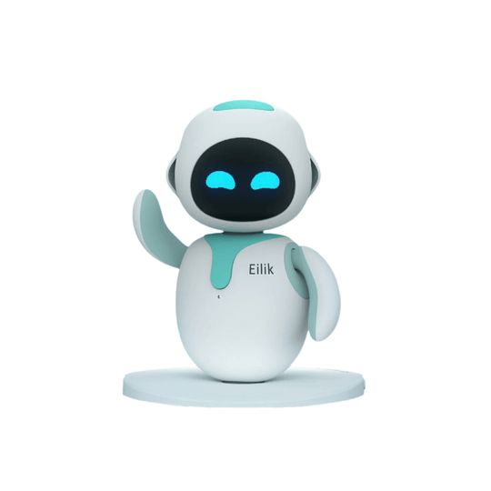 Eilik blue AI desktop robot on white background – emotional companion tech toy