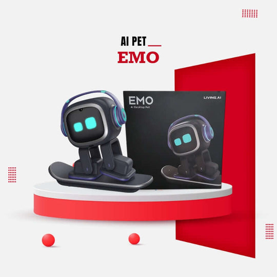 EMO AI Pet Robot next to the box – smart interactive robot with screen face and headphones, displayed on red podium