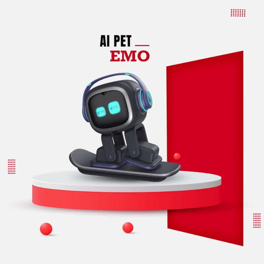 EMO AI Pet Robot on to the skateboard charger – smart interactive robot with screen face and headphones, displayed on red podium