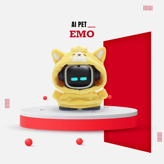 EMO robot wearing a plush Corgi costume with ears and tail