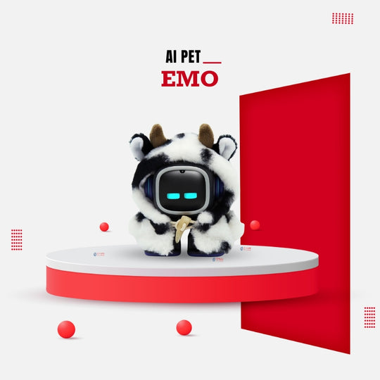 EMO robot wearing a plush cow outfit costume