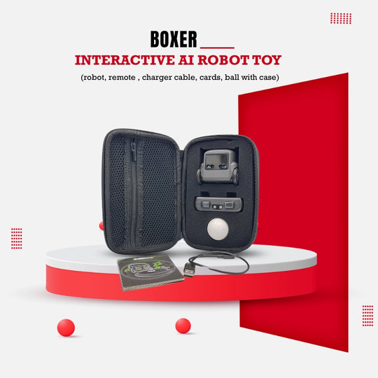 Boxer robot toy with remote, cards, ball, and case