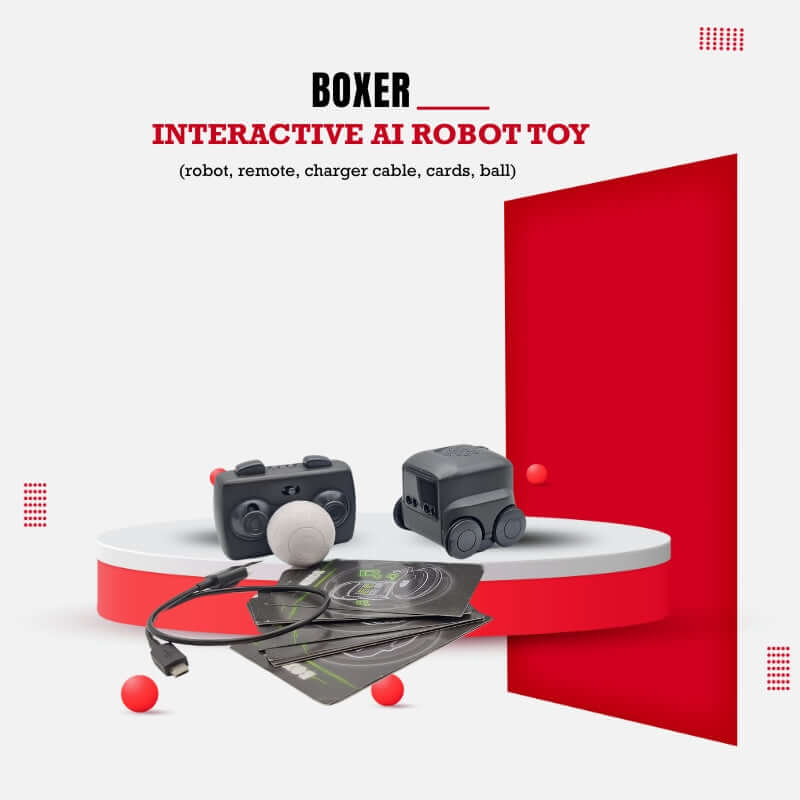 Grey Boxer RC Robot Toy with remote, cards, and ball