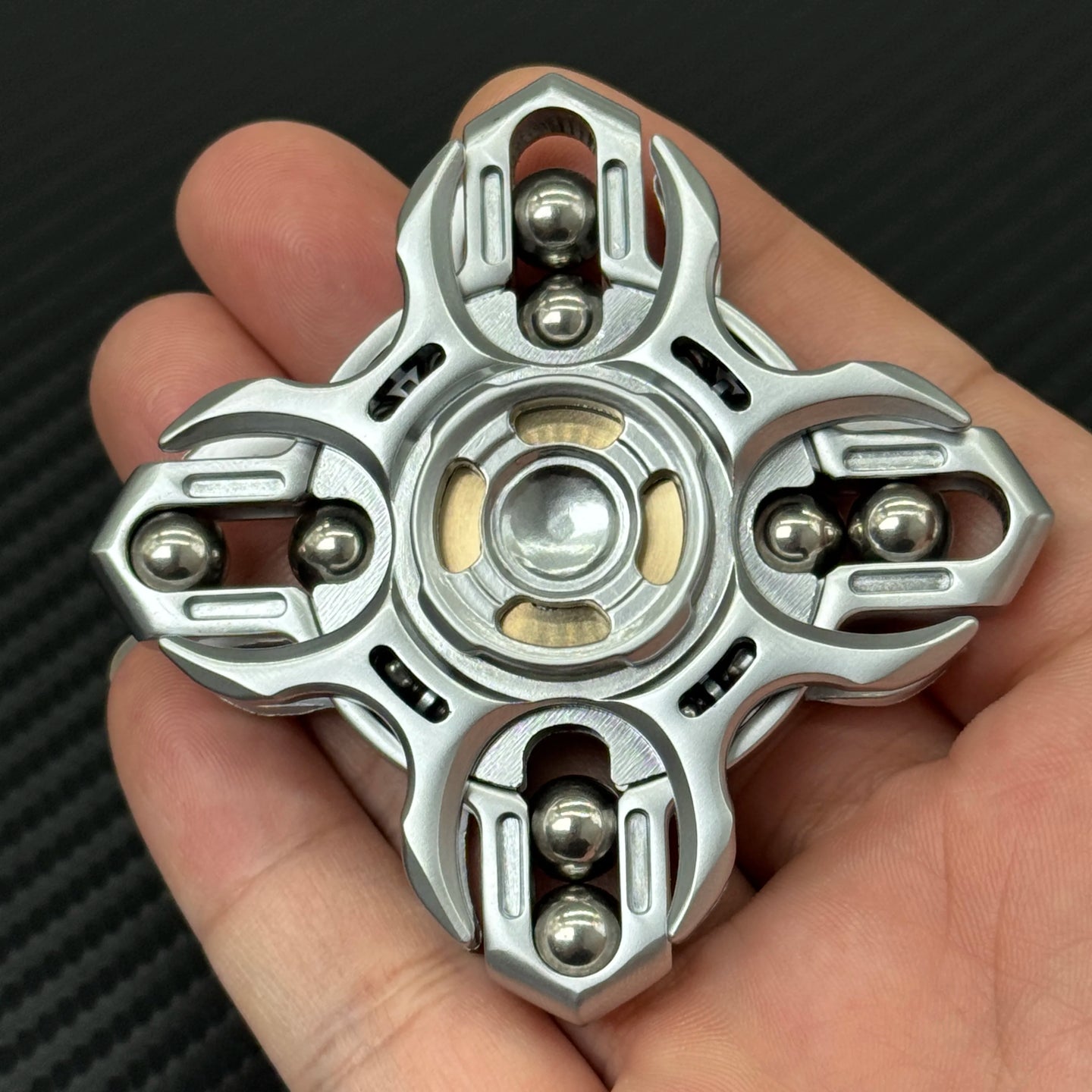 Industrial-style mechanical Future Punk EDC Spinner viewed from above