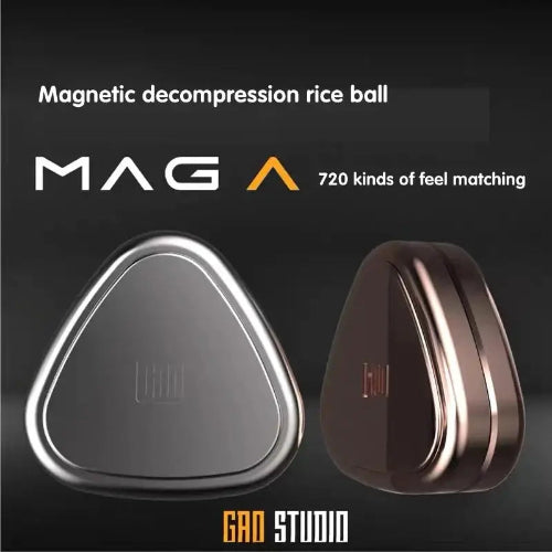 Promotional image of MAG A magnetic Rice Ball Fidget Slider toy with product branding and metallic finish