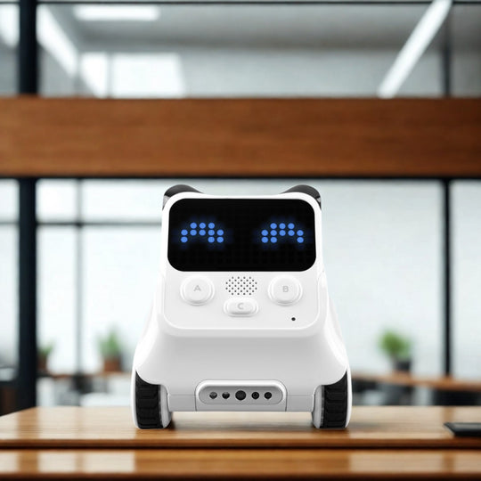 Makeblock Codey Rocky robot with wheels and built-in sensors, designed for kids’ coding and STEM education on a table