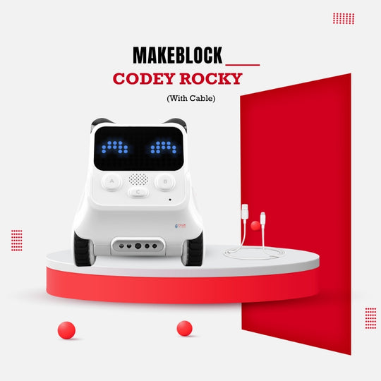 Makeblock Codey Rocky robot with wheels and built-in sensors and cable, designed for kids’ coding and STEM education 
