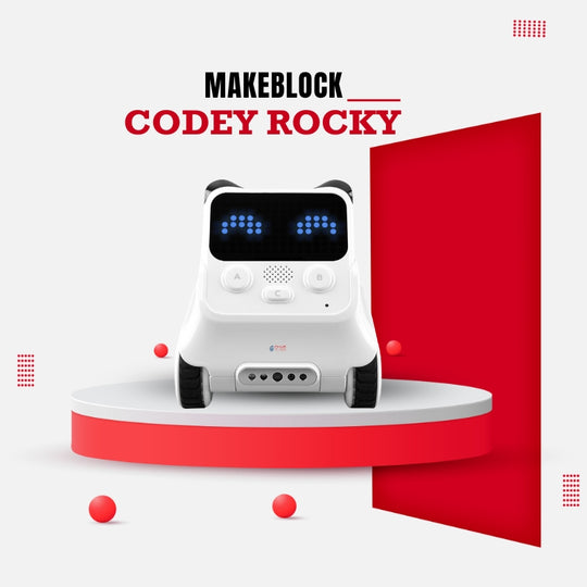 Makeblock Codey Rocky robot with wheels and built-in sensors, designed for kids’ coding and STEM education