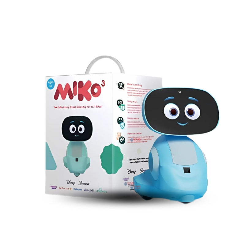 Miko robot 3 toy with black face next to its packaging on a white background
