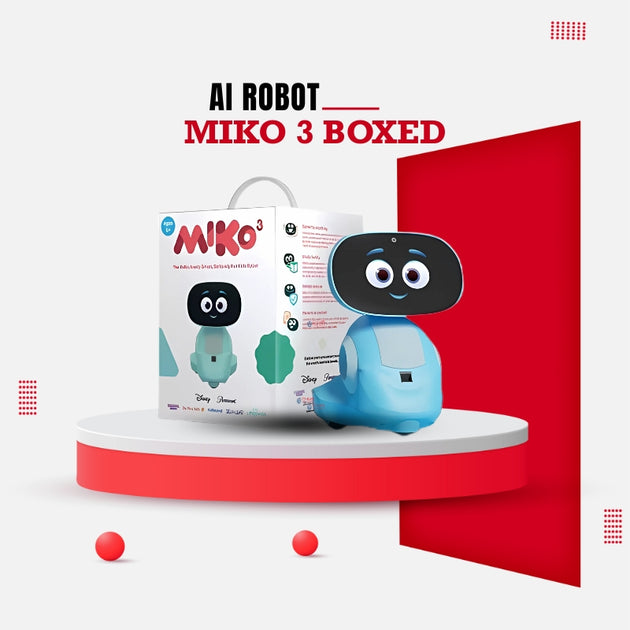 Miko robot 3 with packaging on a white and red background