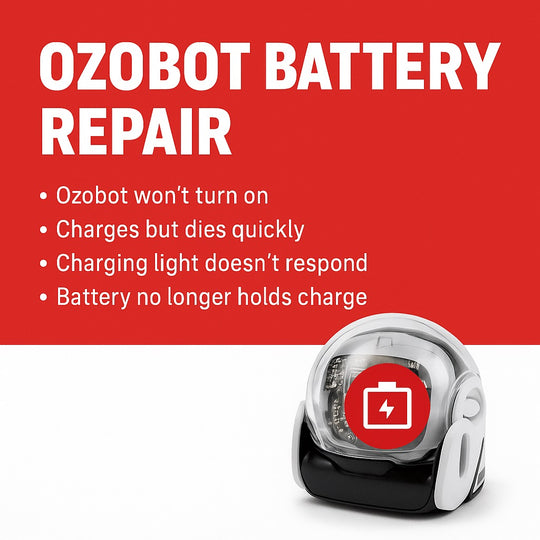 Ozobot battery repair service graphic showing Bit and Evo models with charging and power issues