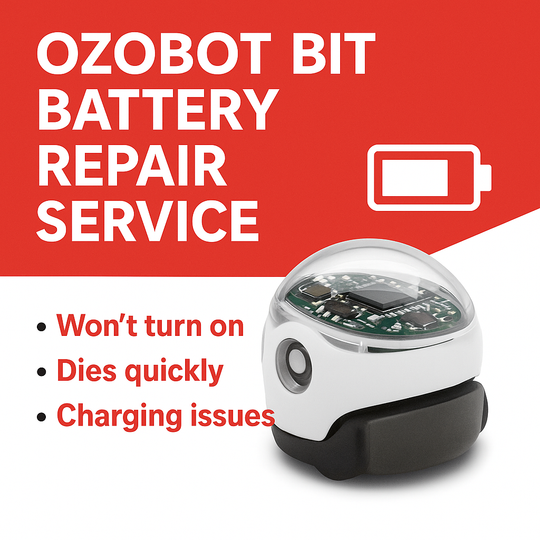 Ozobot bit battery repair service ad showing power and charging issues