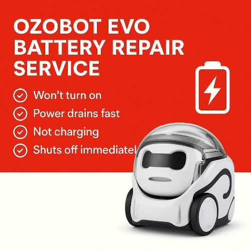 Ozobot Evo repair service ad showing power and battery charging issues
