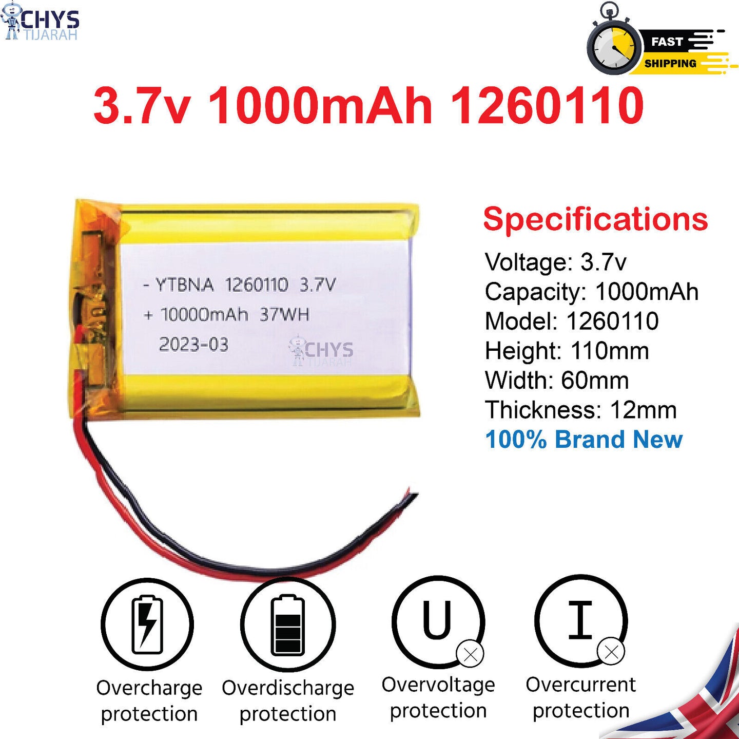 3.7V 1000mAh 1260110 Li-polymer Rechargeable Battery for Power Bank. GPS - Chys Thijarah