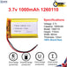 3.7V 1000mAh 1260110 Li-polymer Rechargeable Battery for Power Bank. GPS - Chys Thijarah