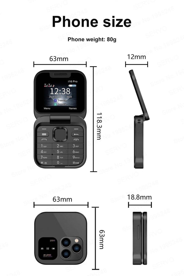 Servo I16 Mini Foldable FM Radio 2 sim Flip Mobile phone - Black - Chys Thijarah