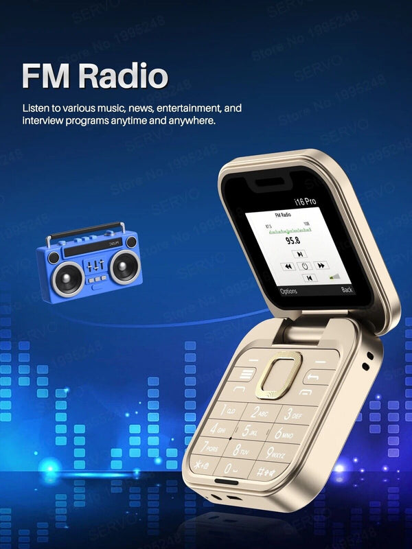 Servo I16 Mini Foldable FM Radio 2 sim Flip Mobile phone - Gold - Chys Thijarah
