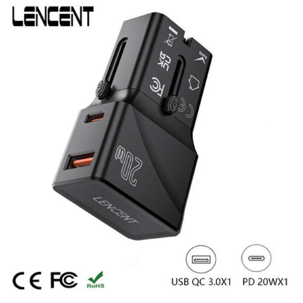 LENCENT Universal Travel Adapter With1 USB QC 3.0 Port Type C Fast Charger - Chys Thijarah