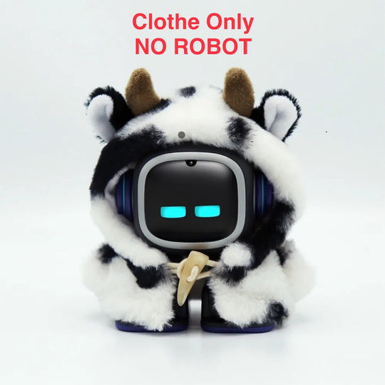 EMO ai desktop robot pet wearing cow costume with the text Clothe Only NO ROBOT on top.